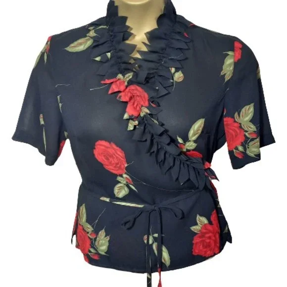 Size 12 Quite Sheer Unusual Collar Rose Print Chiffon Wrap Top - Picture 1 of 9